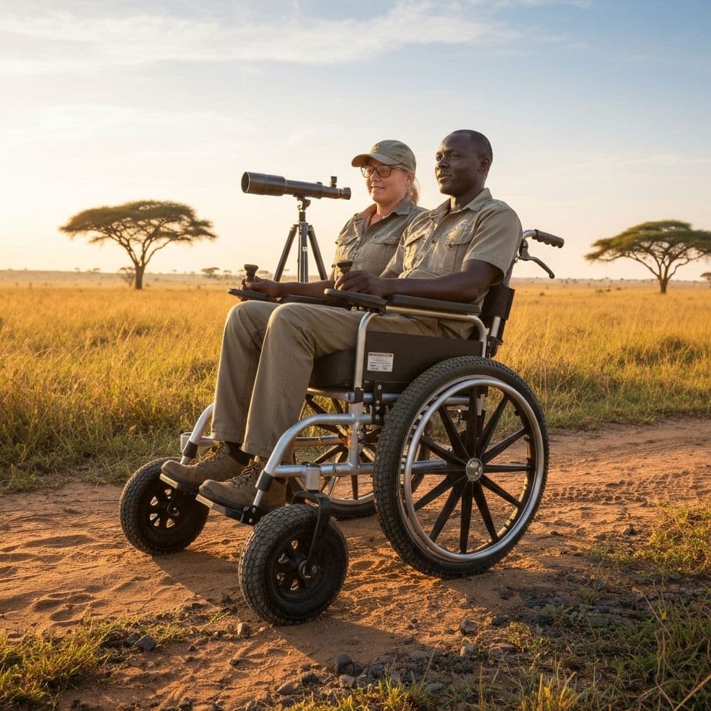 Wheelchair user enjoying game drive on accessible safari vehicle in Kenya