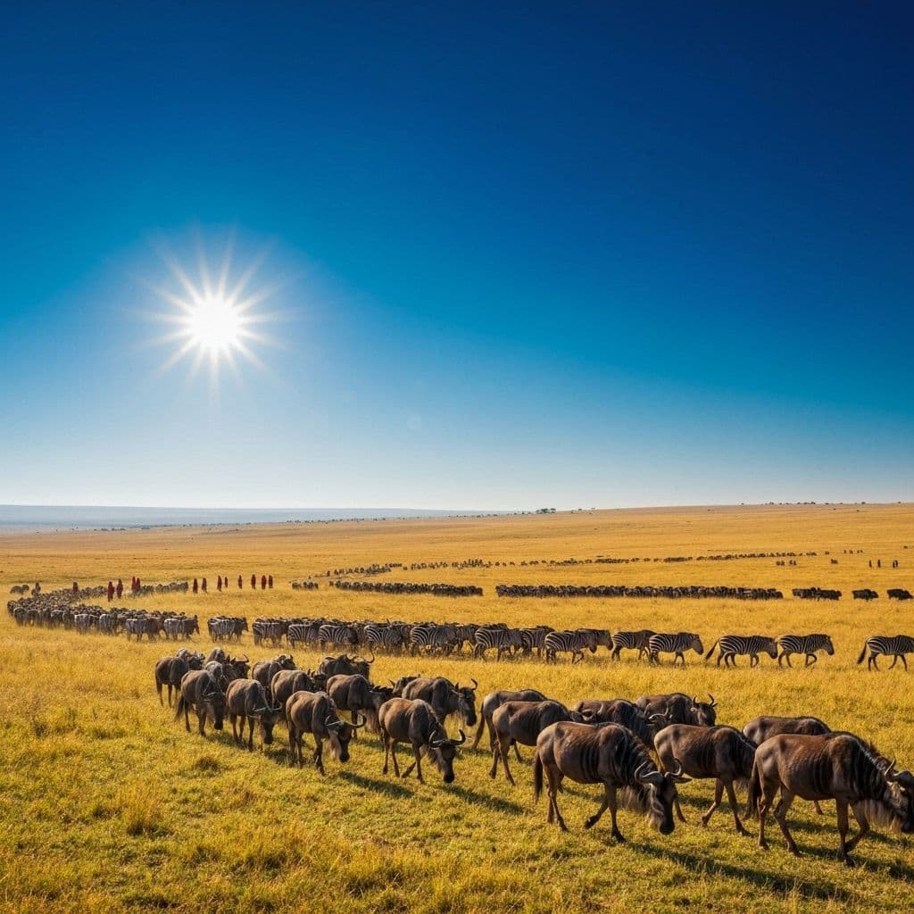 Golden sunset over Masai Mara with wildebeest migration in Kenya